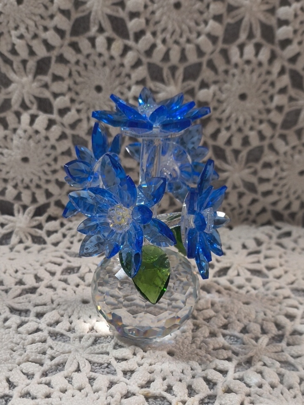 Blue Crystal Flower Bouquet Figurine with Green Leaf